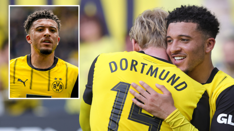 Julian Brandt of Borussia Dortmund celebrates with Jadon Sancho of Borussia Dortmund after scoring his team’s third during the Bundesliga match bet...