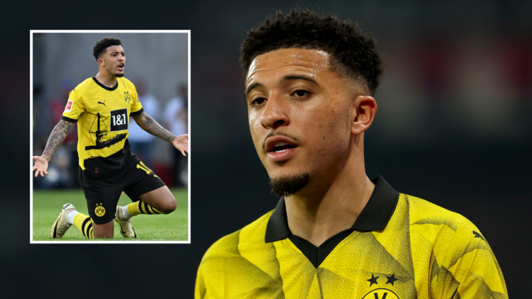 Jadon Sancho in Borussia Dortmund’s second-leg Champions League semi-final match against PSG at the Parc des Princes, including an overlay image of...
