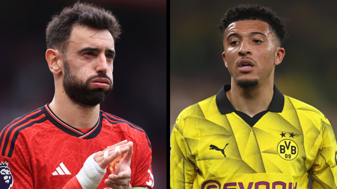 Jadon Sancho in action for Borussia Dortmund in the Champions League semi-final tie against PSG, featuring a side-by-side image of Manchester Unite...