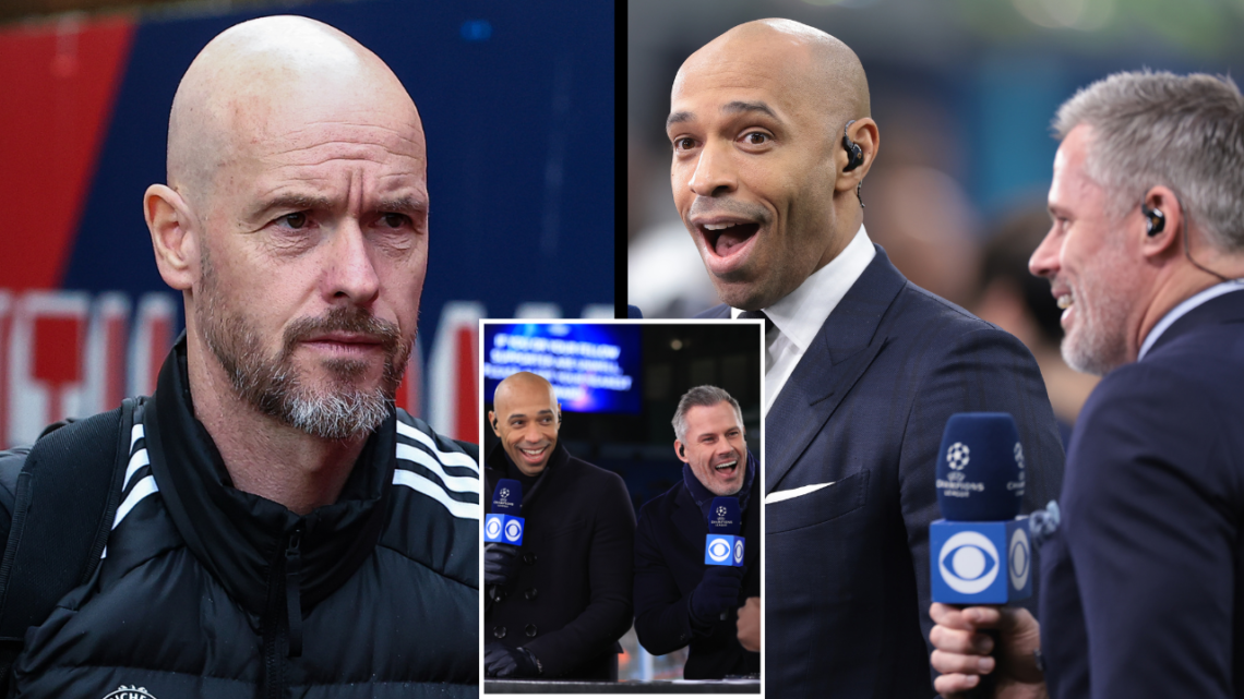 Thierry Henry and Jamie Carragher for CBS Sports during the Champions League semi-final between Inter Milan and AC Milan in 2023, featuring an imag...