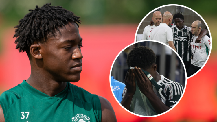 Kobbie Mainoo of Manchester United in action during a first-team training session at the Carrington training complex on May 09, 2024, in Manchester...