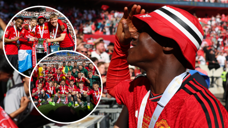 Kobbie Mainoo of Manchester United celebrates with the fans after the Emirates FA Cup final match between Manchester City and Manchester United at ...