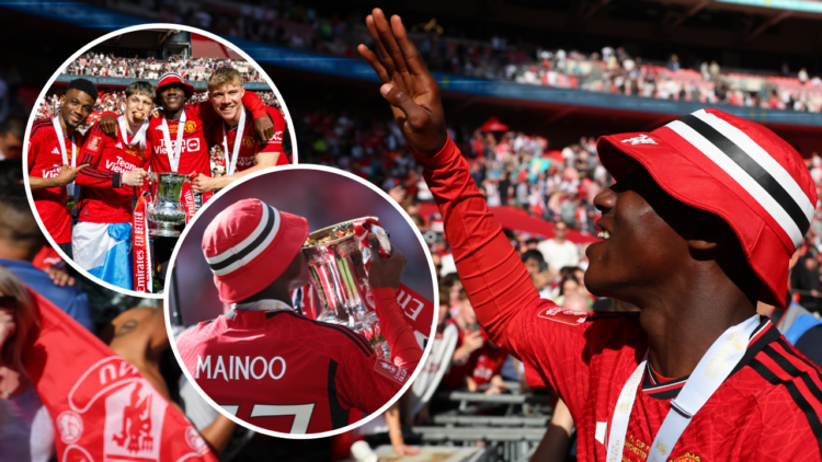 Kobbie Mainoo of Manchester United celebrates with the fans after the Emirates FA Cup final match between Manchester City and Manchester United at ...