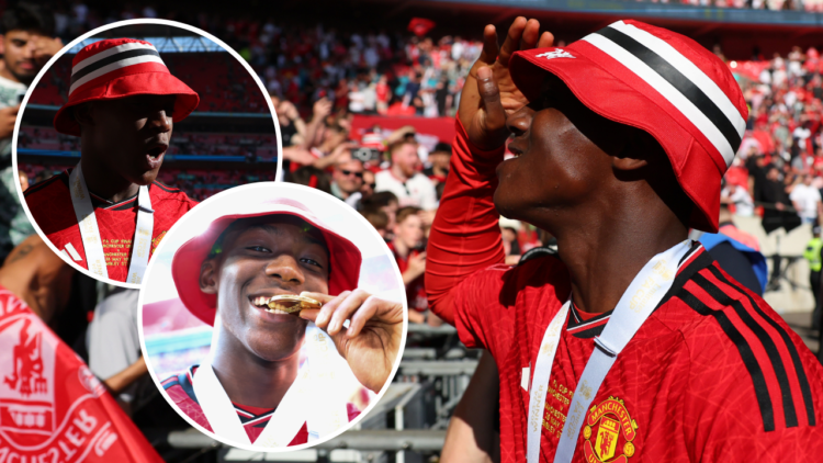 Kobbie Mainoo of Manchester United celebrates with the fans after the Emirates FA Cup final match between Manchester City and Manchester United at ...