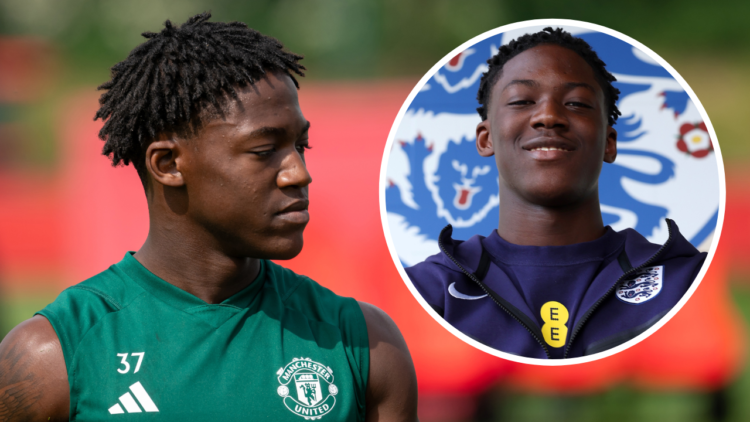 Manchester United midfielder Kobbie Mainoo in action during a first-team training session at the Carrington training complex, including an overlay ...