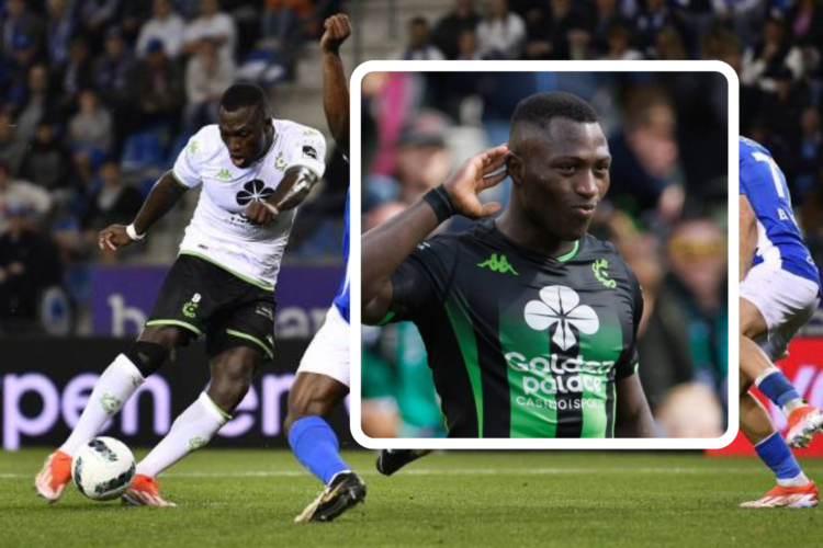Kevin Denkey takes a shot for Cercle Brugge. Large inset, Denkey celebrates scoring