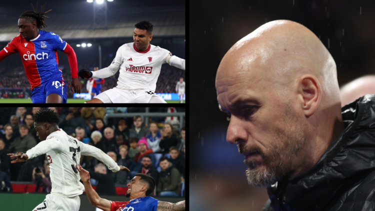 Manchester United manager Erik ten Hag during the Premier League match against Crystal Palace, including side-by-side images of Red Devils players ...