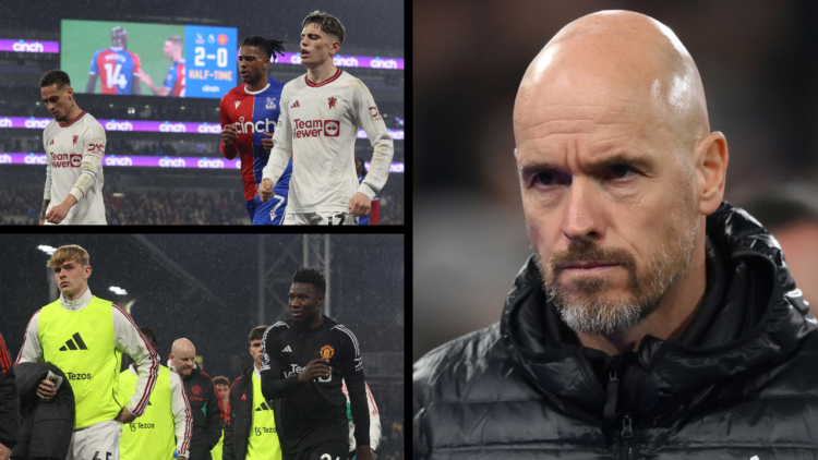 Red Devils manager Erik ten Hag in Manchester United’s 4-0 Premier League defeat to Crystal Palace at Selhurst Park, featuring two side-by-side ima...