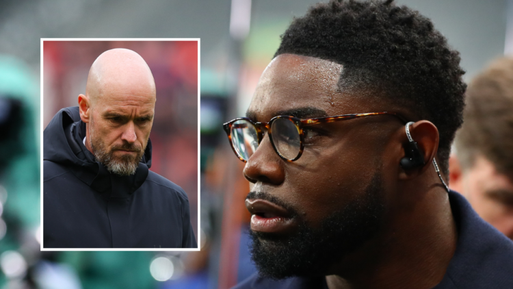 Micah Richards ahead of the Champions League match between Newcastle and PSG at St James’ Park, featuring an overlay image of Manchester United man...