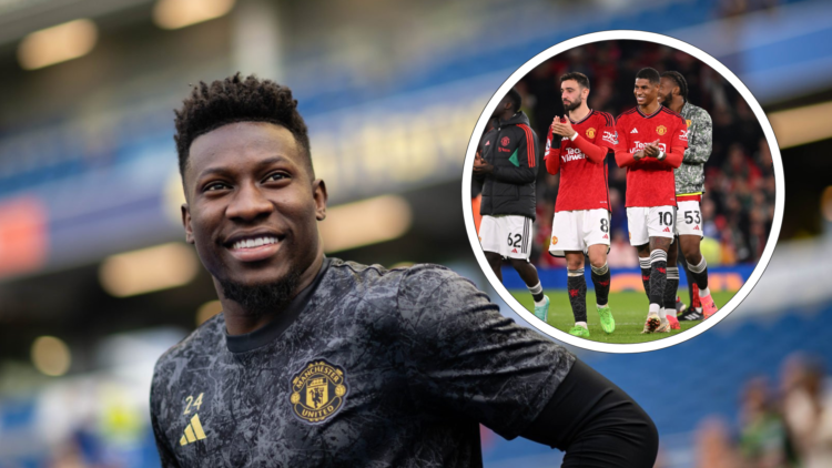 Andre Onana heads out to warm up while smiling toward camera, inset Bruno Fernandes and Marcus Rashford applaud United fans after final home game o...
