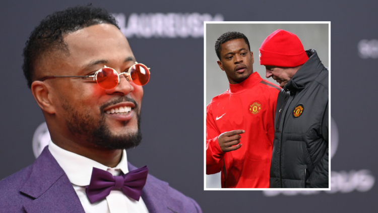 Patrice Evra on the red carpet at the 2024 Laureus World Sport Awards, featuring an image of the Manchester United legend alongside former manager ...
