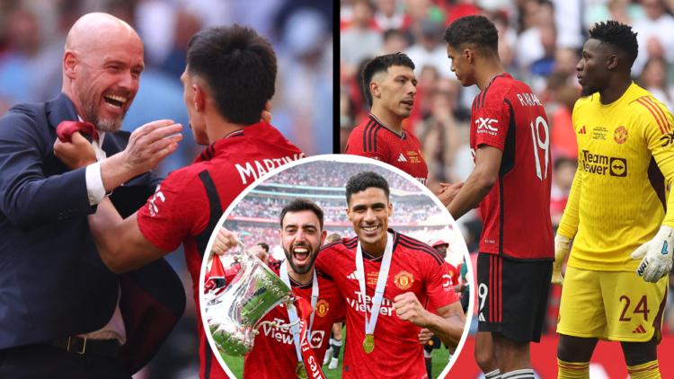 Lisandro Martinez of Manchester United speaks to Raphael Varane ahead of the Emirates FA Cup final match between Manchester City and Manchester Uni...