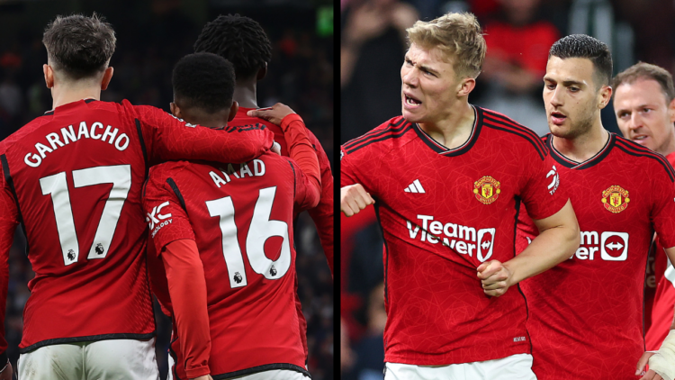 Rasmus Hojlund of Manchester United celebrates after scoring during the Premier League match between the Red Devils and Newcastle United at Old Tra...