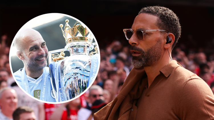 TNT Sports pundit Rio Ferdinand during the Premier League match between Arsenal FC and Everton at the Emirates, including an overlay image of Manch...