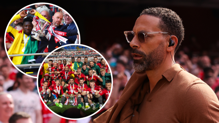 TNT Sports pundit Rio Ferdinand during the Premier League match between Arsenal and Everton at the Emirates Stadium on May 19, 2024, in London, Eng...