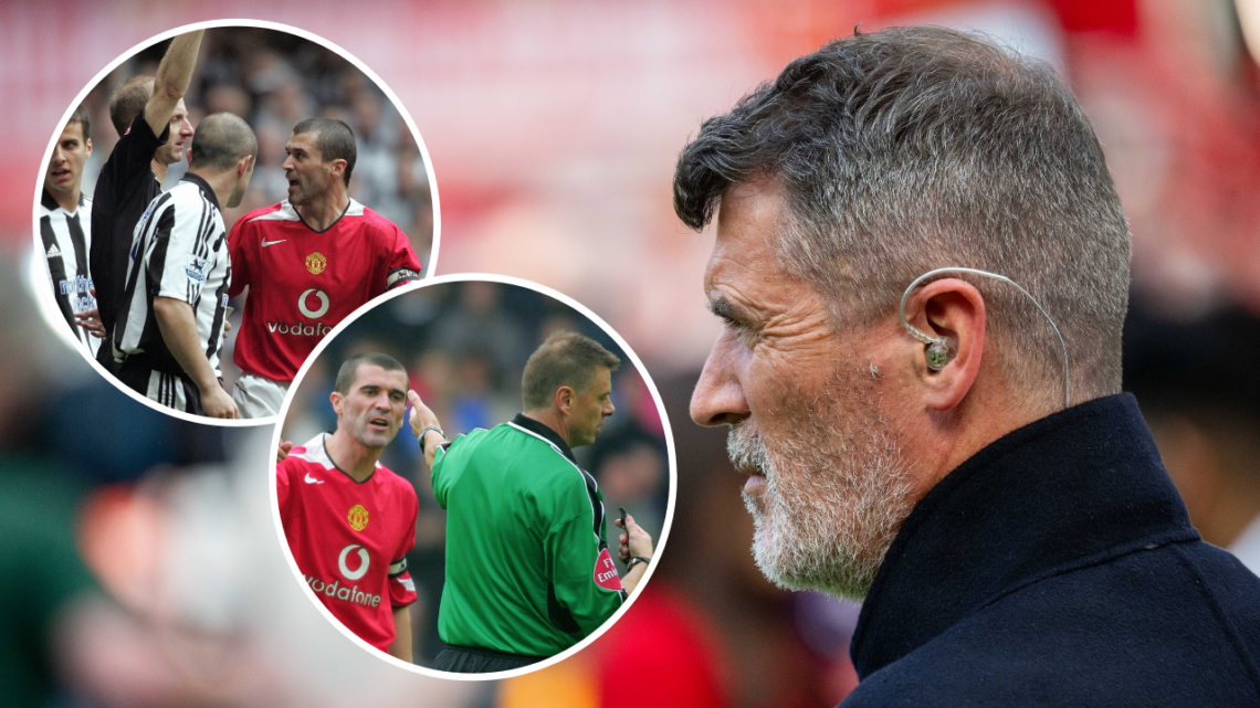Sky Sports pundit Roy Keane stands pitch-side ahead of the Premier League match between Manchester United and Arsenal at Old Trafford. The overlayi...