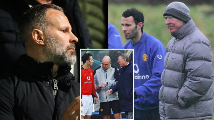 Ryan Giggs watching on from the stands during a Stockport County and Salford City match in 2023, featuring a side-by-side image from his time as a ...