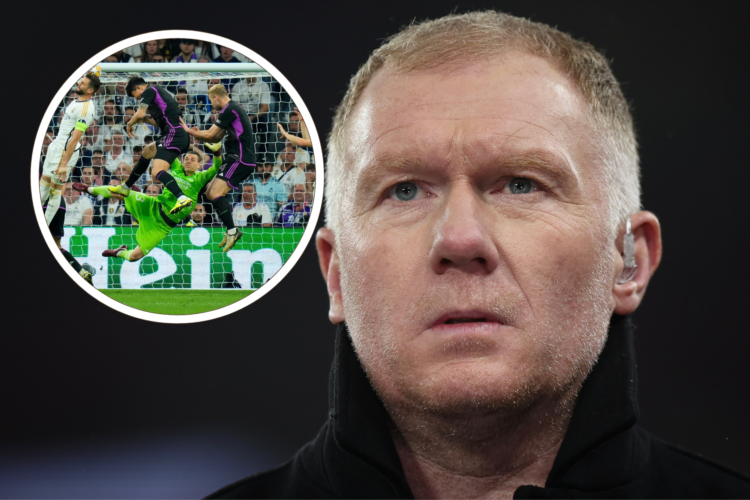 Paul Scholes working as a TV pundit, inset, Bayern Munich defend against Real Madrid, 2024