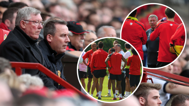 Former Manchester United manager Sir Alex Ferguson watches from the dugout during the Premier League match between the Red Devils and Chelsea at Ol...