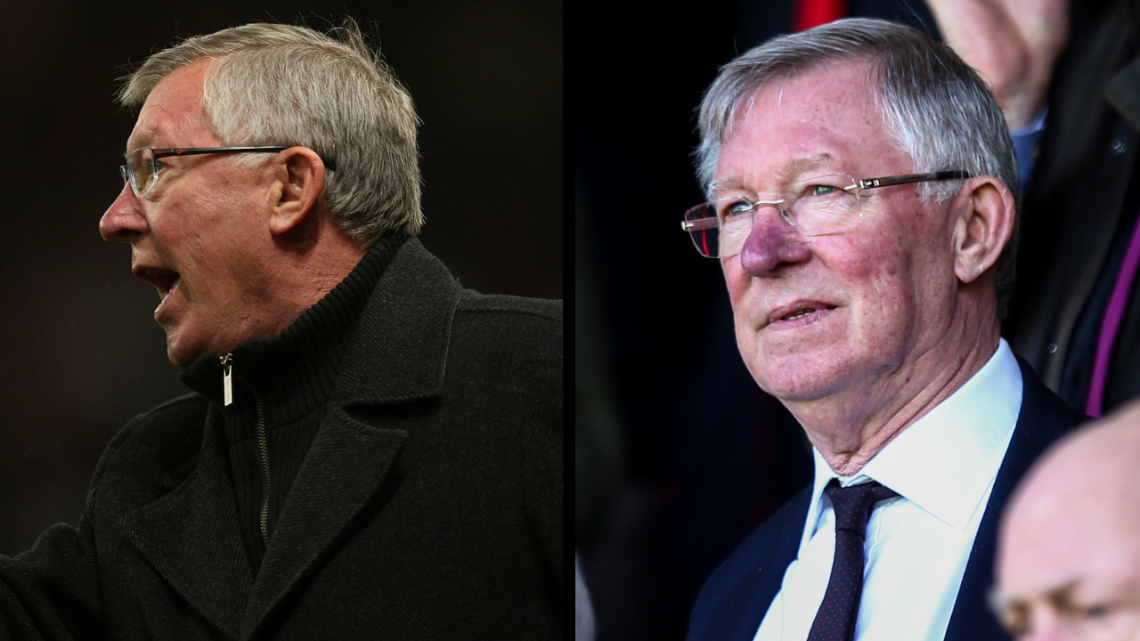 Sir Alex Ferguson during Manchester United’s League Cup tie against Newcastle United at Old Trafford in 2012, along with a side-by-side image of th...