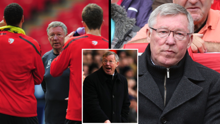 Former manager Sir Alex Ferguson of Manchester United watches from the dugout during the Barclays Premier League match between the Red Devils and S...