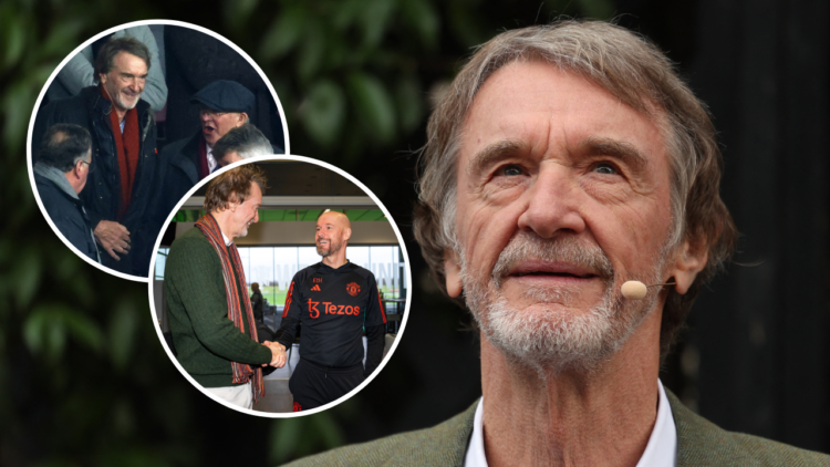 Ineos chief Sir Jim Ratcliffe speaks during a media event in London, including overlaying images of the Manchester United co-owner alongside club l...