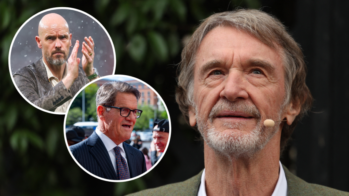 Ineos chief Sir Jim Ratcliffe during a media event in London, including overlay images of former England manager Fabio Capello and Manchester Unite...