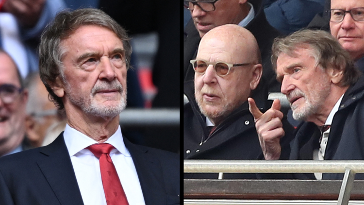 British Ineos Group chairman and minority owner of Manchester United Sir Jim Ratcliffe reacts during the English FA Cup final football match betwee...