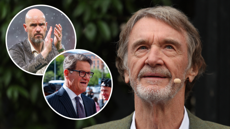 Ineos chief Sir Jim Ratcliffe during a media event in London, including overlay images of former England manager Fabio Capello and Manchester Unite...