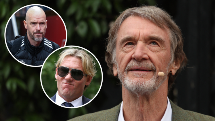 Ineos chief Sir Jim Ratcliffe at a media event in London, including overlay images of talkSPORT presenter Simon Jordan and Manchester United manage...