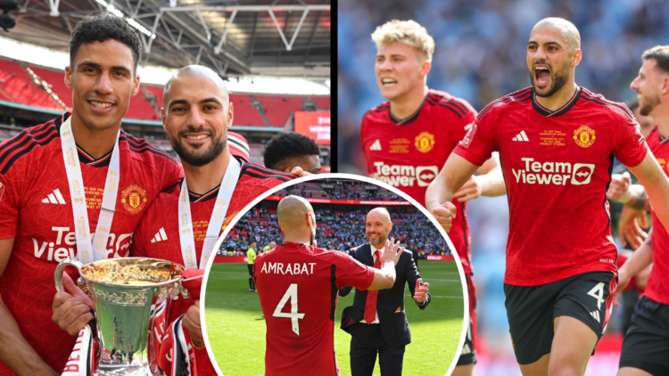 Raphael Varane and Sofyan Amrabat of Manchester United celebrates with the Emirates FA Cup trophy after his team’s victory after the Emirates FA Cu...