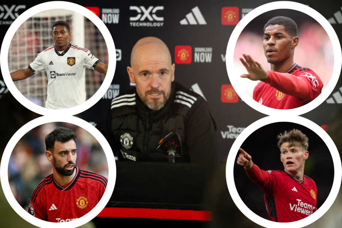 Erik ten Hag speaks at press conference. Insets, headshots of Anthony Martial, Bruno Fernandes, Marcus Rashford, Scott McTominay