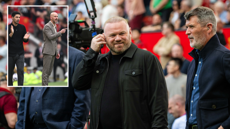 Paul Merson, Wayne Rooney and Roy Keane on Sky Sports punditry duties ahead of the Premier League match between Manchester United and Arsenal at Ol...