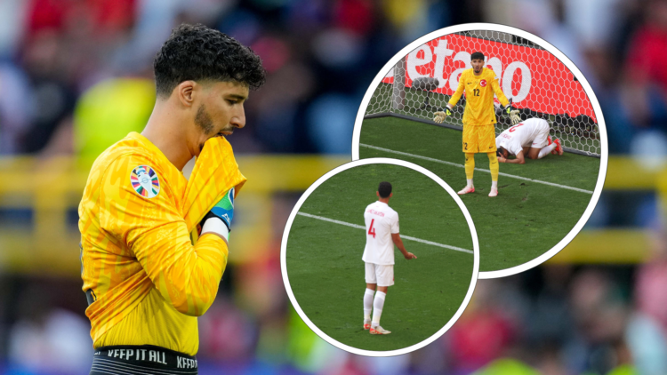 Altay Bayindir looks dejected. Inset, Samey Akaydin gestures to Bayindir, inset, Bayindir shrugs in response