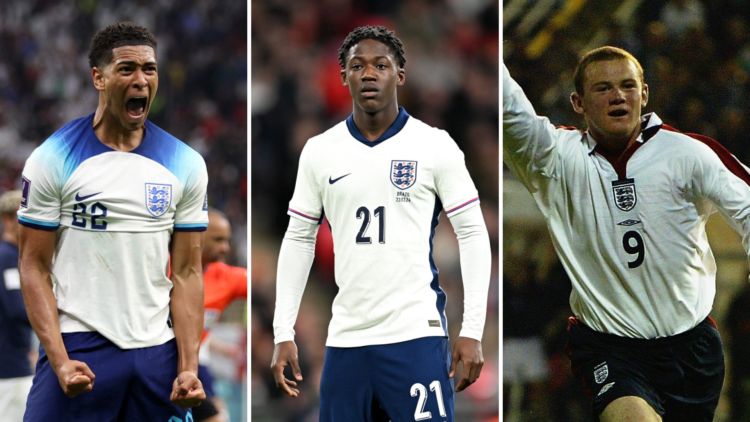 Left, Jude Bellingham celebrates passionately after being awarded a penalty against France during the 2022 Qatar World Cup. middle, Kobbie Mainoo d...