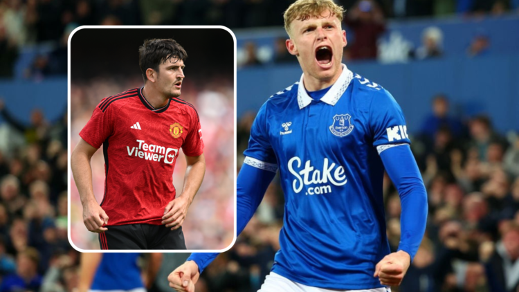 Jarrad Branthwaite celebrates for Everton. Inset, Harry Maguire playing for Manchester United