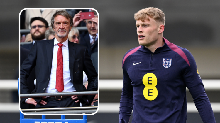 Jarrad Branthwaite trains with England. Inset, Sir Jim Ratclife wearing suit at FA Cup Final