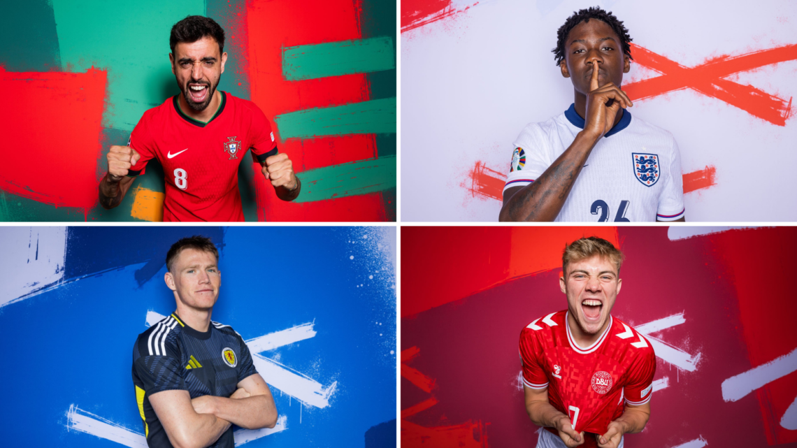 Top left, Bruno Fernandes celebrates for the camera during Portugal photoshoot. Top right, Kobbie Mainoo shushes the photographer during England ph...