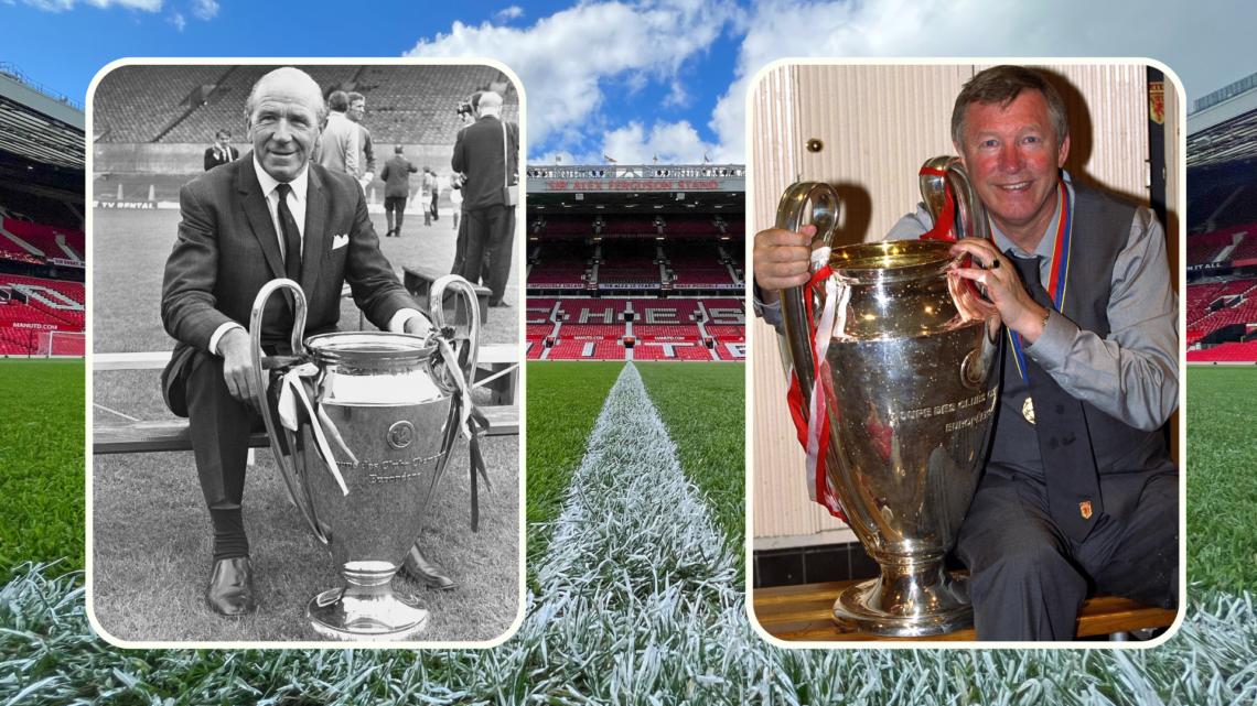 Background, Old Trafford interior. Inset, Sir Matt Busby with European Cup, 1968, inset right Sir Alex Ferguson with Champions Leaguye trophy, 1999