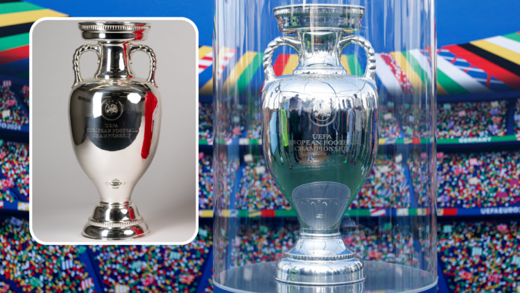 Euro 2024 trophy in a case. inset, trophy on clear background