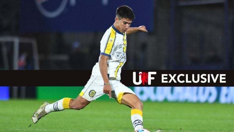 Fabricio Oviedo of Rosario Central driving the ball. Overlaid, a UIF EXCLUSIVE banner.