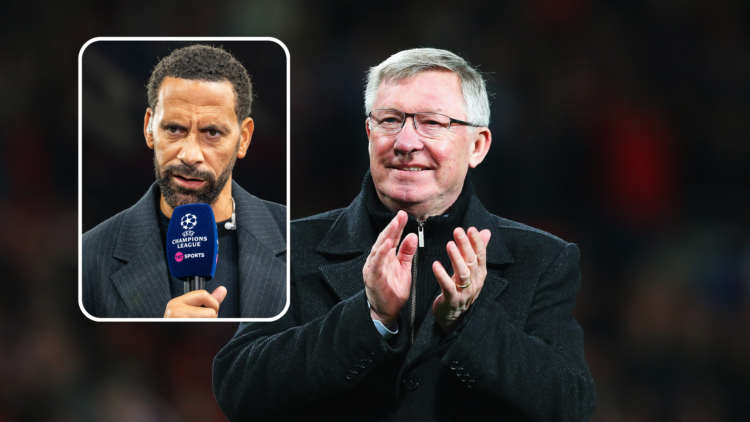 Sir Alex Ferguson claps. Inset, Rio Ferdinand speaks on the mic