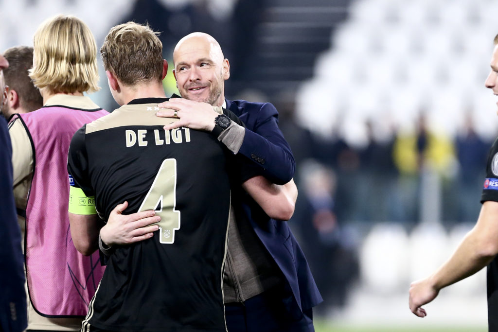 Erik ten Hag, head coach of Afc Ajax, celebrate with Matthijs de Ligt at the end of the UEFA Champions League quarter final second leg football mat...