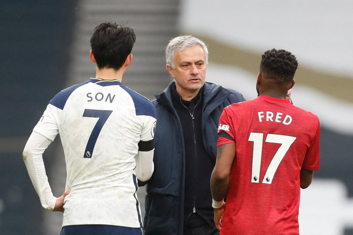 Tottenham Hotspur's South Korean striker Son Heung-Min (L) and Manchester United's Brazilian midfielder Fred (R) speak with Tottenham Hotspur's Por...