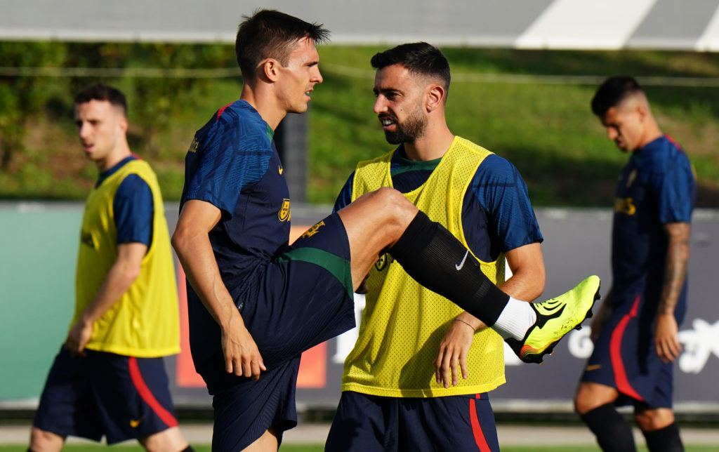 Joao Palhinha of Fulham and Portugal with Bruno Fernandes of Manchester United and Portugal in action during Portugal national team training...