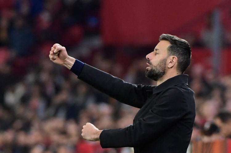 PSV Eindhoven's Dutch head coah Ruud van Nistelrooy gestures during the UEFA Europa League round of 32 football match between Sevilla FC and PSV Ei...