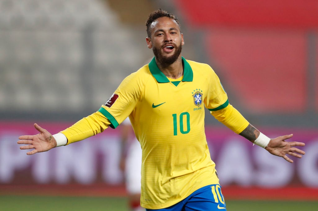 Neymar Jr. of Brazil celebrates after scoring the fourth goal of his team during a match between Peru and Brazil as part of South American Qualifie...