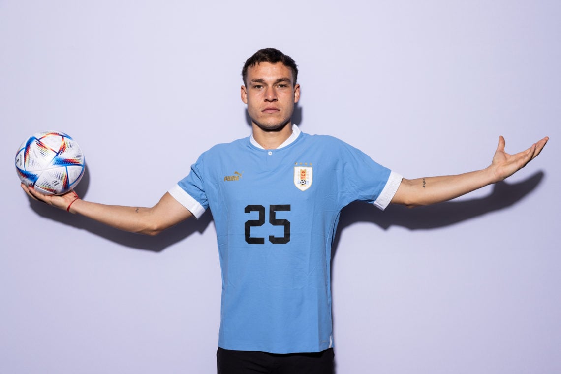 Manuel Ugarte of Uruguay poses during the official FIFA World Cup Qatar 2022 portrait session on November 21, 2022 in Doha, Qatar.