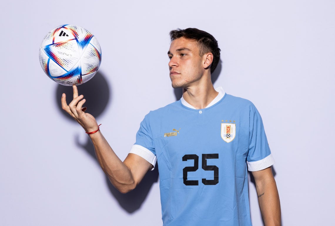 Manuel Ugarte of Uruguay poses during the official FIFA World Cup Qatar 2022 portrait session on November 21, 2022 in Doha, Qatar.