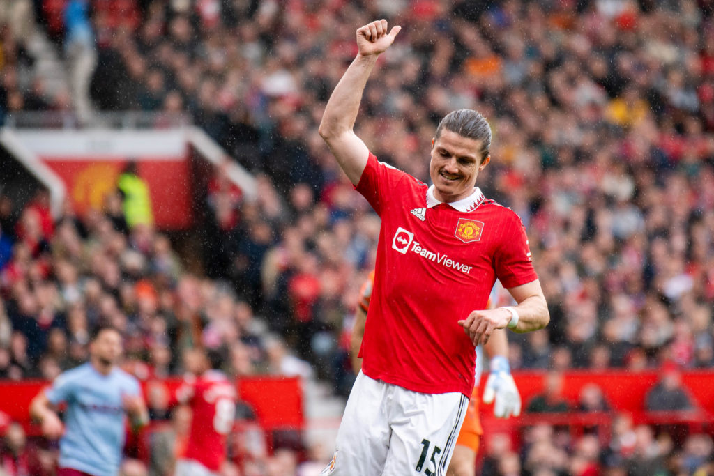 Marcel Sabitzer of Manchester United reacts during the Premier League match between Manchester United and Aston Villa at Old Trafford on April 30, ...